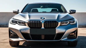 Sleek silver 2024 BMW 3 Series M340i sedan photographed from three-quarter front angle in bright daylight, premium lighting highlighting sharp body lines and aggressive grille design, professional automotive photography style