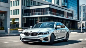 Sleek silver BMW 3 Series sedan parked on modern urban street with contemporary architecture in background, professional automotive photography, daylight