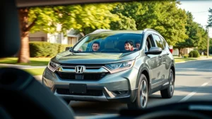 Modern Honda CR-V driving on suburban street with family visible through windows, bright daylight, green trees background, professional automotive photography