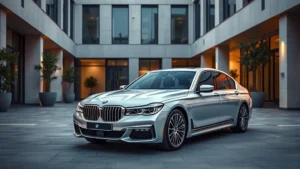 Sleek silver BMW 7 Series sedan parked in modern architectural courtyard, premium lighting highlighting elegant body lines and sophisticated grille design, professional automotive photography