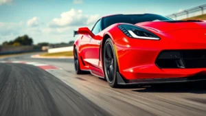 Low-angle photography of a red Chevrolet Corvette Z06 with aggressive stance on a race track, carbon fiber elements visible, dynamic motion blur in background