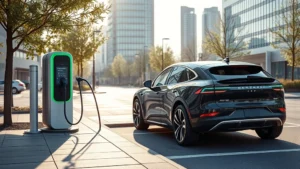 Modern electric vehicle charging at a sleek urban charging station with futuristic design, daylight, photorealistic, no text visible