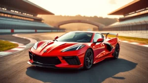 2024 Chevrolet Corvette Z06 in bright red, mid-engine supercar, aggressive aerodynamic design, photographed from three-quarter front angle on professional racing track, dramatic lighting highlighting carbon fiber details and body curves, high-performance tire visible