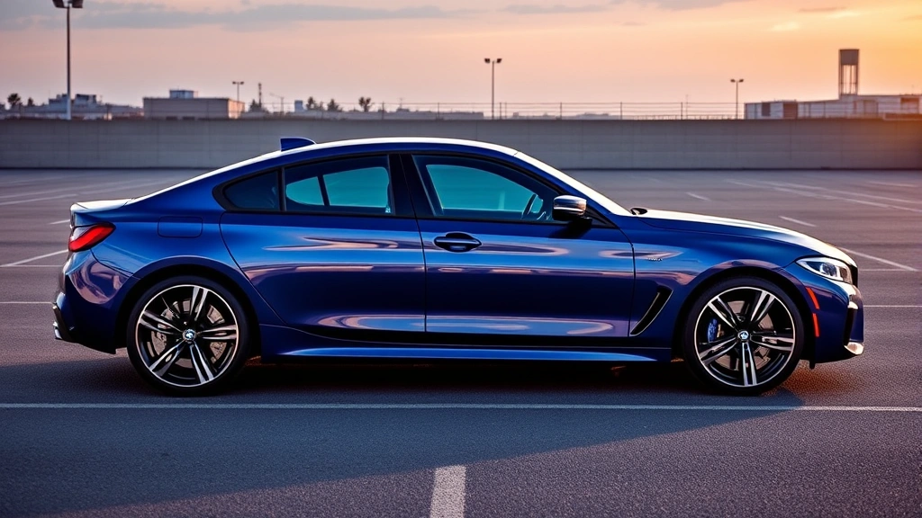 2024 BMW M440i xDrive sedan side profile, metallic blue paint, aggressive M Sport styling, dynamic outdoor lighting, empty parking lot background