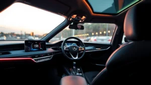 Premium luxury sedan interior dashboard with ambient lighting, leather seats, curved display screen, steering wheel in focus, professional automotive photography