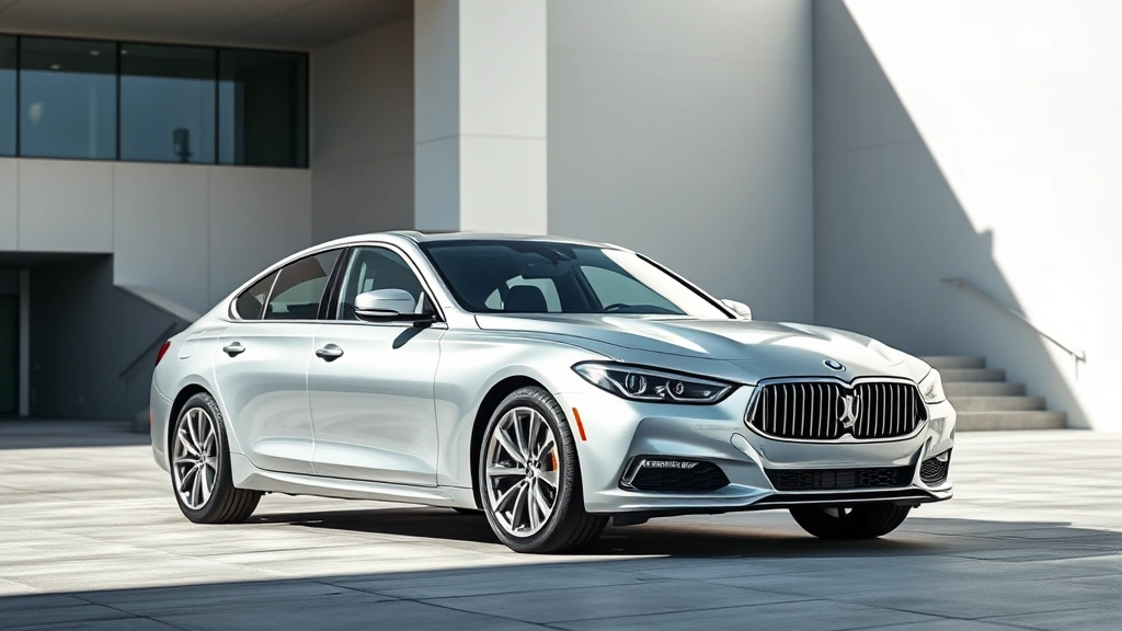 Sleek silver luxury sedan parked in modern architectural setting with clean lines and contemporary design, photographed from three-quarter front angle in bright daylight