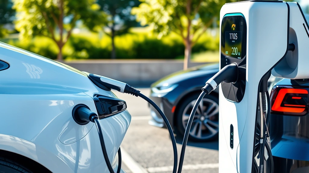 Modern electric vehicle charging at DC fast charging station with multiple cables, sleek contemporary design, bright daylight, photorealistic automotive photography
