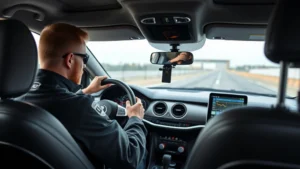 Professional automotive test driver evaluating vehicle performance on closed course, measuring acceleration and handling characteristics with specialized equipment