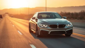 Professional automotive photographer capturing sleek BMW M440i in motion on empty highway, golden hour sunlight, sharp focus on front grille and headlights, premium finish details visible