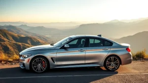 Professional photograph of a silver BMW M440i xDrive sedan parked on a mountain road overlooking scenic valleys, sharp afternoon lighting highlighting the car's sporty body lines and alloy wheels