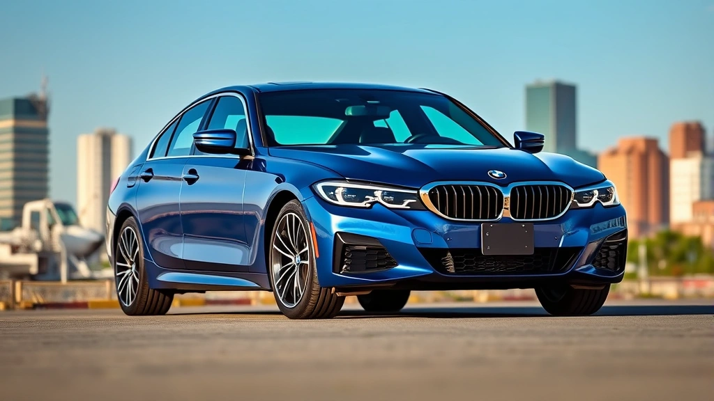 Modern BMW 340i sedan in metallic blue photographed against urban skyline, three-quarter front view, professional automotive photography, daylight