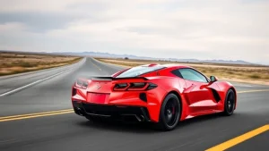 2024 Chevrolet Corvette Z06 mid-engine supercar in vibrant red, photographed from three-quarter angle on open road with blurred motion background, showcasing sleek carbon fiber body and aggressive stance