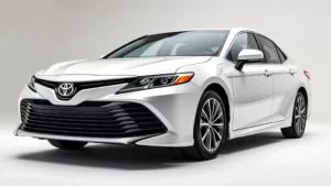 Modern Toyota Camry sedan in pearl white, three-quarter front view, professional photography studio lighting, luxury sedan showcasing sleek design lines and chrome accents