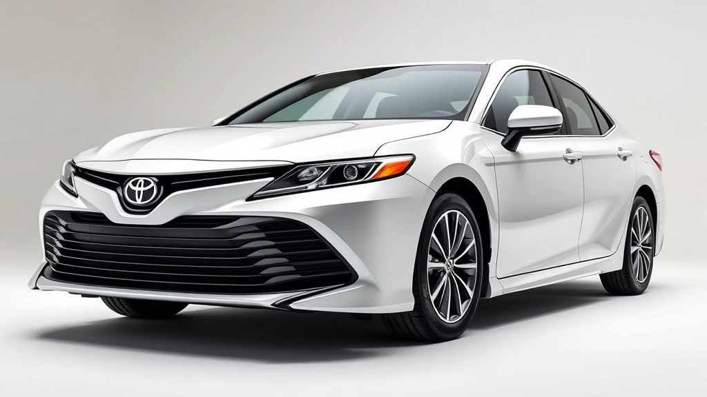 Modern Toyota Camry sedan in pearl white, three-quarter front view, professional photography studio lighting, luxury sedan showcasing sleek design lines and chrome accents