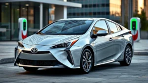 2024 Toyota Prius Prime sleek silver sedan photographed from three-quarter front angle against modern urban backdrop with charging station visible in soft focus background