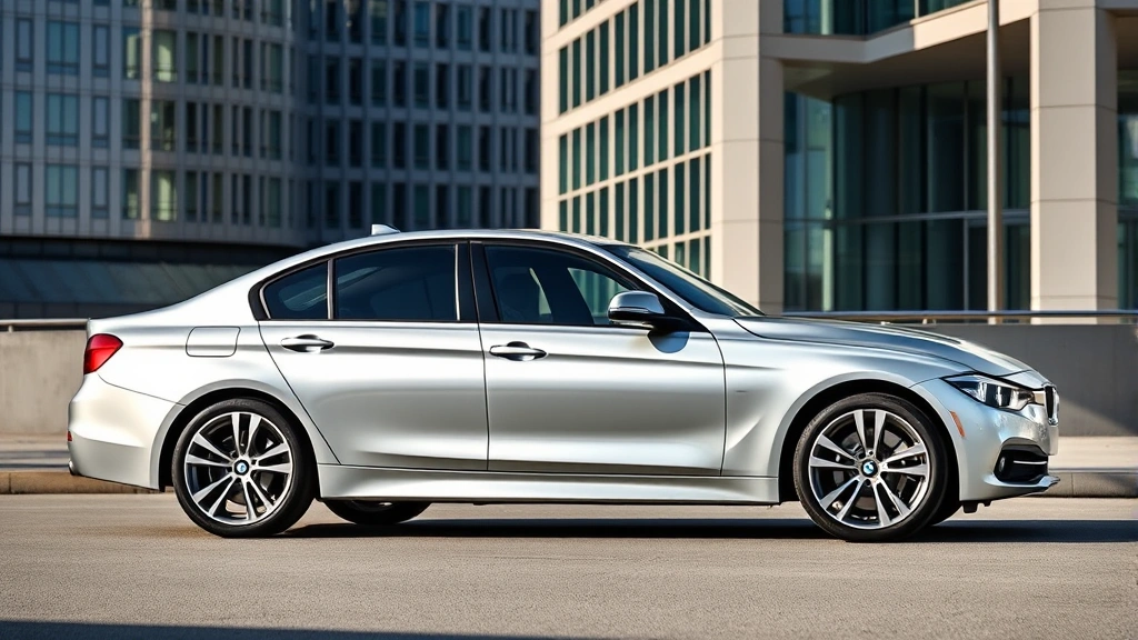 Sleek silver BMW 3 Series sedan photographed from three-quarter angle against modern urban architecture, daylight, professional automotive photography style, sharp focus on body lines and wheel design