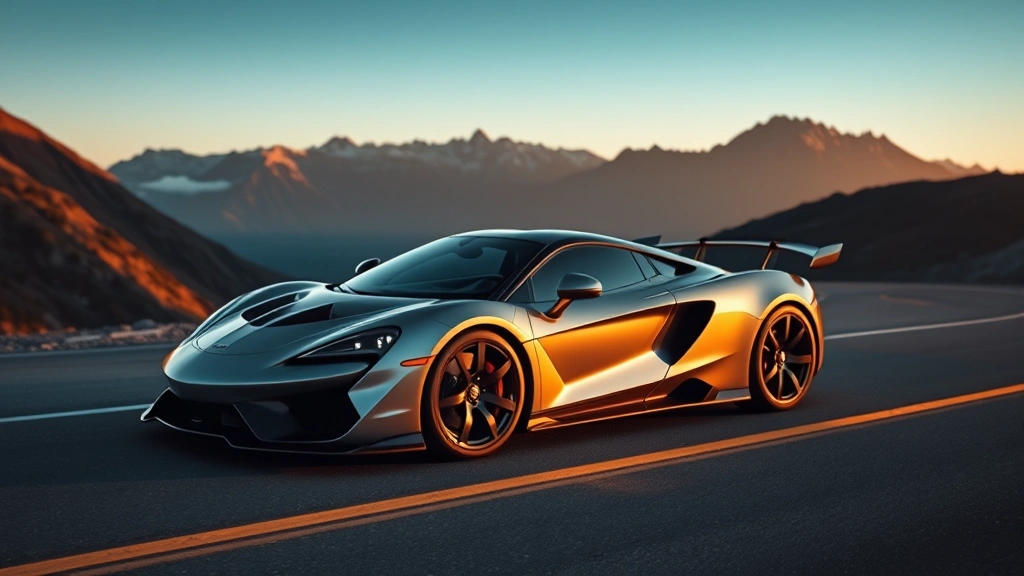 High-performance sports car on mountain road with dramatic curves, golden hour lighting, sharp focus on aerodynamic design and muscular stance