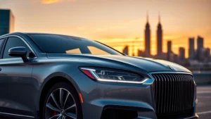 Professional automotive photography of a 2024 luxury sedan with refined chrome accents and sophisticated LED headlights, photographed at golden hour against a modern urban skyline backdrop, emphasizing elegant design lines and premium craftsmanship details