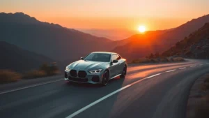 Luxury sedan on winding mountain road at sunset, professional photography, cinematic lighting, premium automotive composition