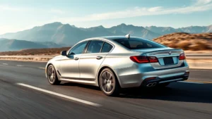 Sleek silver sedan driving on open highway with mountains in background, professional automotive photography, sharp focus on vehicle exterior