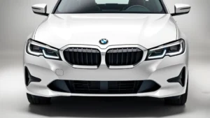 2024 BMW 3 Series sedan in alpine white, three-quarter front view, modern luxury design with distinctive LED headlights, professional automotive photography, studio lighting