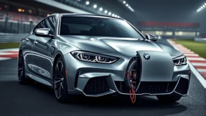 Sleek turbocharged BMW M440i xDrive luxury sedan in metallic silver, three-quarter front view, professional automotive photography, racing circuit background, dramatic lighting