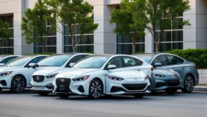 2024 sedan lineup parked together showing modern design elements, sleek body lines, contemporary styling cues, professional automotive photography lighting