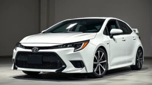 2024 Toyota GR Corolla turbocharged compact sedan, pearl white paint, aggressive front grille, low stance, professional automotive photography studio lighting