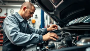 Professional mechanic performing routine vehicle maintenance in well-lit automotive service facility with tools and equipment visible, detailed close-up of hands working on engine components