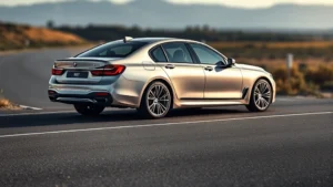 Sleek silver BMW 7 Series luxury sedan photographed from three-quarter angle on pristine asphalt road with blurred landscape background, showcasing sophisticated design and premium details