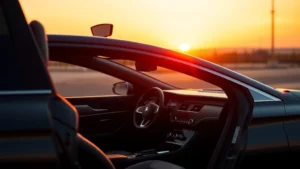 Sleek luxury sedan photographed at sunset with dramatic lighting, premium leather interior visible through open door, modern minimalist dashboard design, photorealistic automotive photography, no text or badges visible