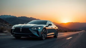 Sleek 2024 luxury sedan with chrome accents and modern LED headlights, photographed at sunset on empty highway with mountain backdrop, professional automotive photography style