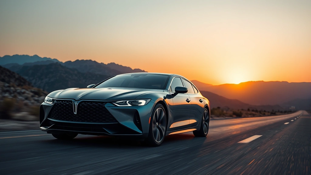 Sleek 2024 luxury sedan with chrome accents and modern LED headlights, photographed at sunset on empty highway with mountain backdrop, professional automotive photography style