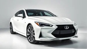 Professional studio photograph of a sleek luxury sedan in pearl white, three-quarter front angle, modern minimalist background, premium automotive lighting, sharp focus on sculpted hood and grille design