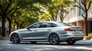 Sleek luxury sedan in silver metallic parked on tree-lined avenue with modern architecture background, professional automotive photography, daytime lighting, pristine condition, premium exterior details visible