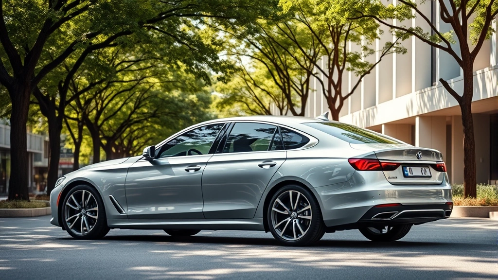 Sleek luxury sedan in silver metallic parked on tree-lined avenue with modern architecture background, professional automotive photography, daytime lighting, pristine condition, premium exterior details visible