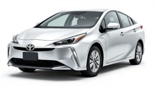 2024 Toyota Prius Prime plug-in hybrid sedan front three-quarter view in silver metallic, modern compact car design, clean background