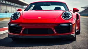 Red Porsche 911 Turbo S photographed from three-quarter front angle, aggressive headlights visible, low stance showing sport suspension, blurred racetrack background, daylight professional automotive photography
