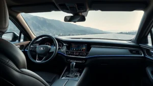 Luxury sedan interior dashboard with premium leather and advanced digital displays, modern automotive cockpit design