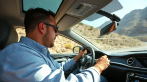 Professional automotive journalist testing luxury sedan on mountain road, focused expression reviewing performance metrics, natural daylight, premium vehicle interior visible