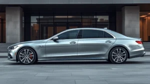 Sleek luxury sedan in metallic silver parked in front of modern architecture, sophisticated and refined, professional photography