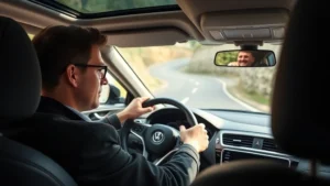 Professional automotive journalist testing vehicle handling dynamics on winding road, hands on steering wheel, focused expression, natural daylight