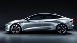 Modern sleek electric sports sedan in metallic silver, dynamic angled profile view, dramatic lighting, polished wheels, premium automotive photography, no visible text or badges