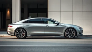 2024 luxury sedan in metallic silver parked on modern architecture street, professional automotive photography, studio lighting, clean composition, no text visible