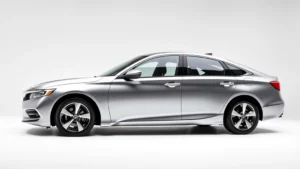 Professional side profile of sleek 2024 Honda Accord silver sedan on clean white background, studio lighting, premium automotive photography