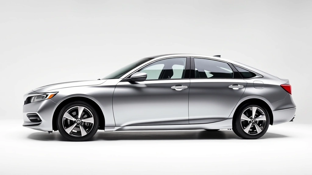 Professional side profile of sleek 2024 Honda Accord silver sedan on clean white background, studio lighting, premium automotive photography