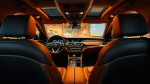 Premium luxury sedan interior with leather seats, modern dashboard displays, and ambient lighting in warm tones