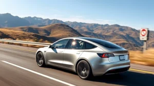 Modern 2024 Tesla Model Y electric vehicle driving on scenic highway with mountains background, sleek silver finish, dynamic motion