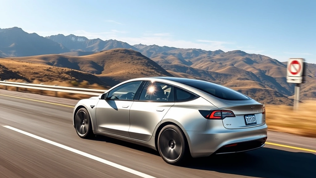 Modern 2024 Tesla Model Y electric vehicle driving on scenic highway with mountains background, sleek silver finish, dynamic motion