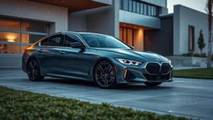 Premium sedan parked on modern driveway with sleek design, metallic paint, LED headlights visible, contemporary architecture background, professional automotive photography